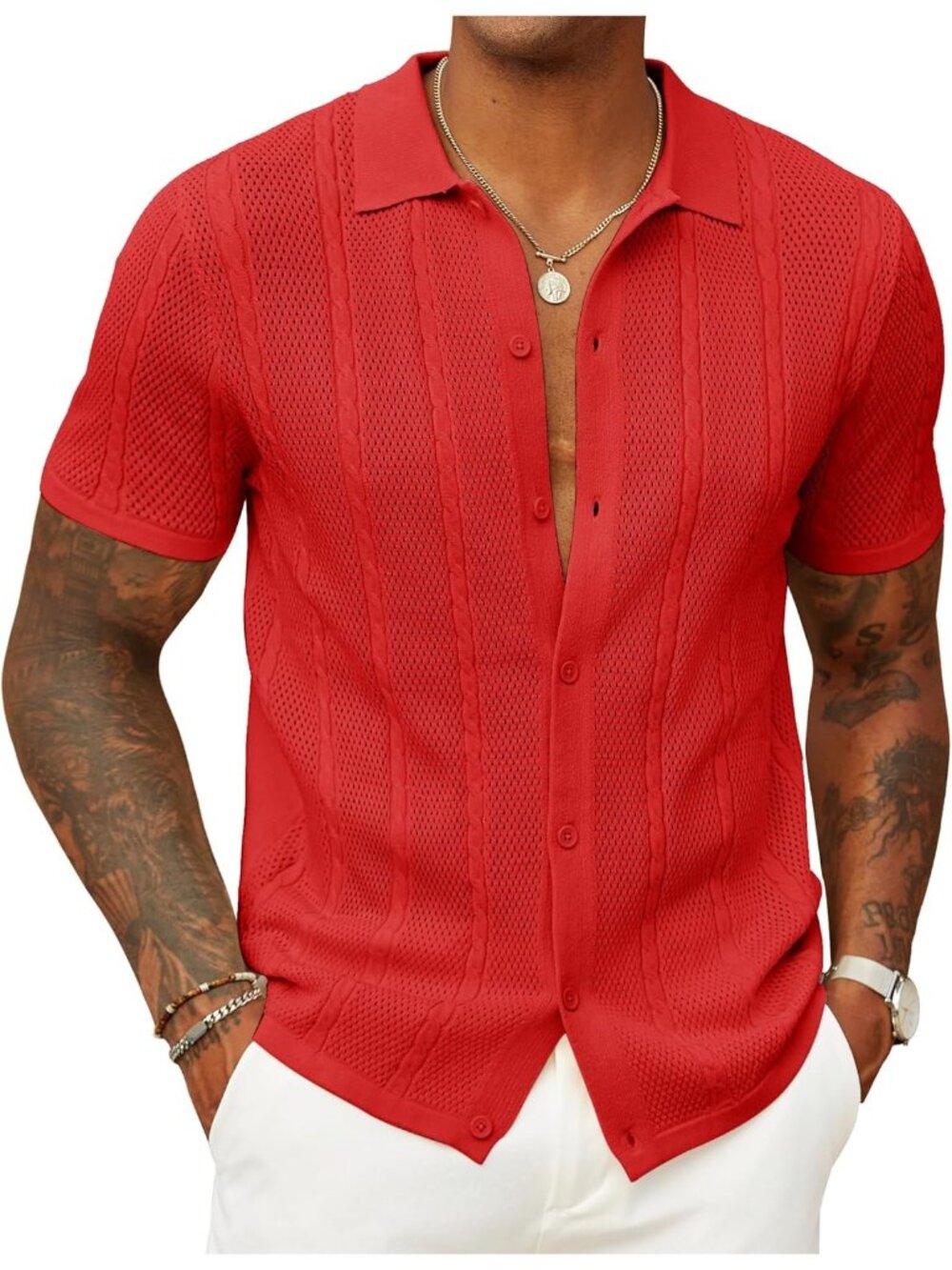 Coofandy Men's Red Pull On Vintage Short Sleeve Knit Button Down Polo Shirts